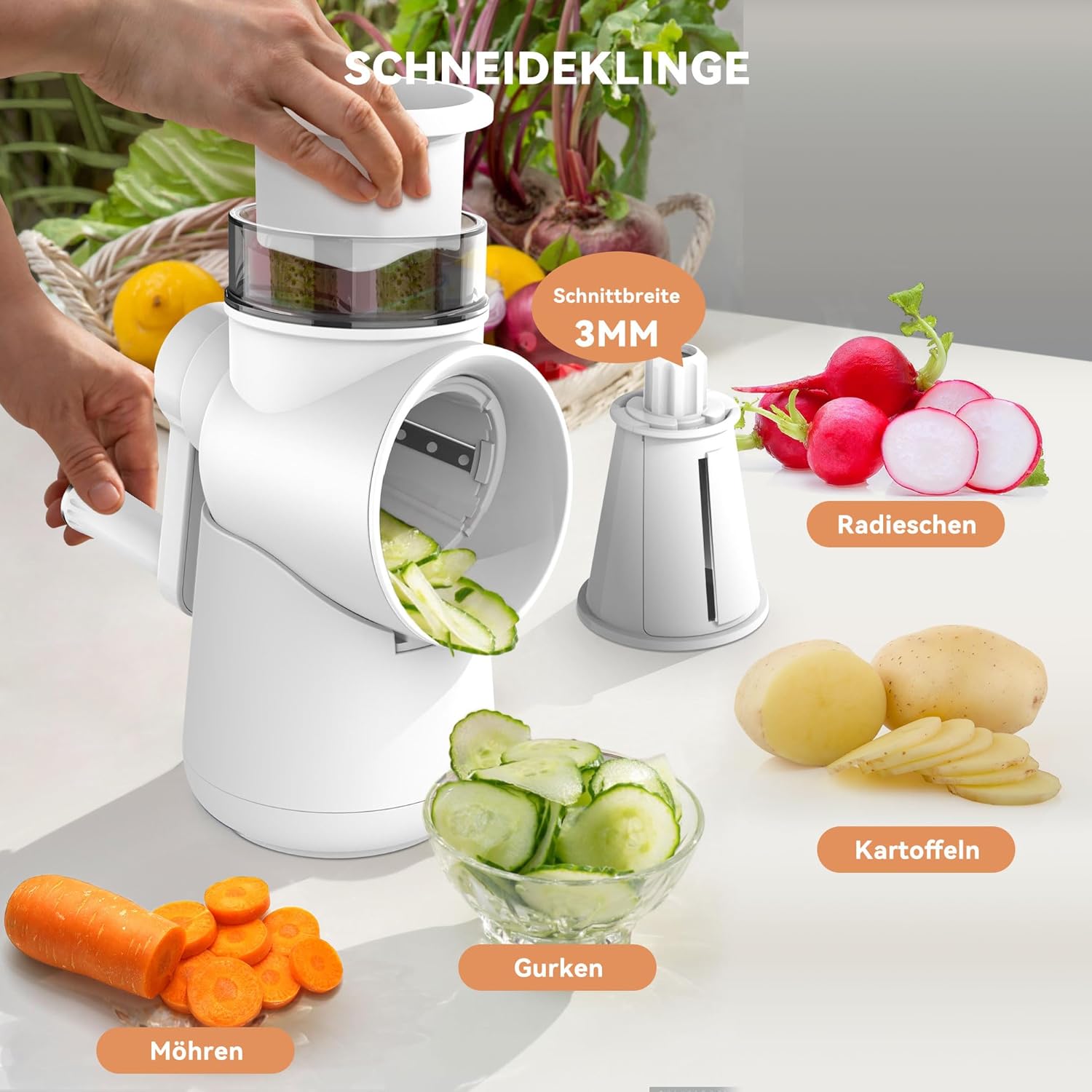 KitchenBoss Manual Vegetable Slicer, Mandolin Vegetable Slicer: Cheese Grater, Drum Grater, 3 in 1, Suitable for Many Types of Vegetables and Fruit, Includes 3 Types of Stainless Steel Blades, with