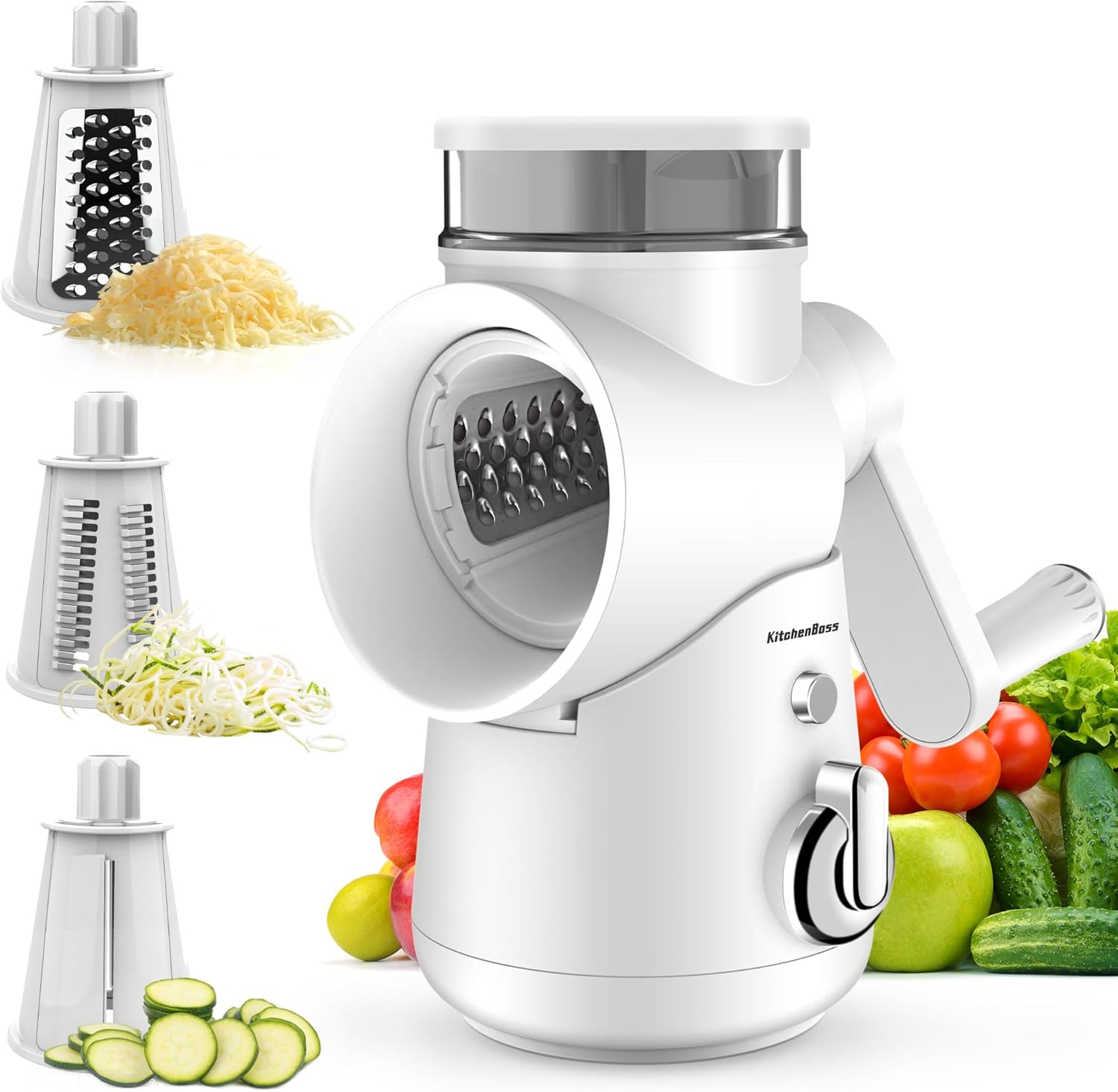 KitchenBoss Manual Vegetable Slicer, Mandolin Vegetable Slicer: Cheese Grater, Drum Grater, 3 in 1, Suitable for Many Types of Vegetables and Fruit, Includes 3 Types of Stainless Steel Blades, with