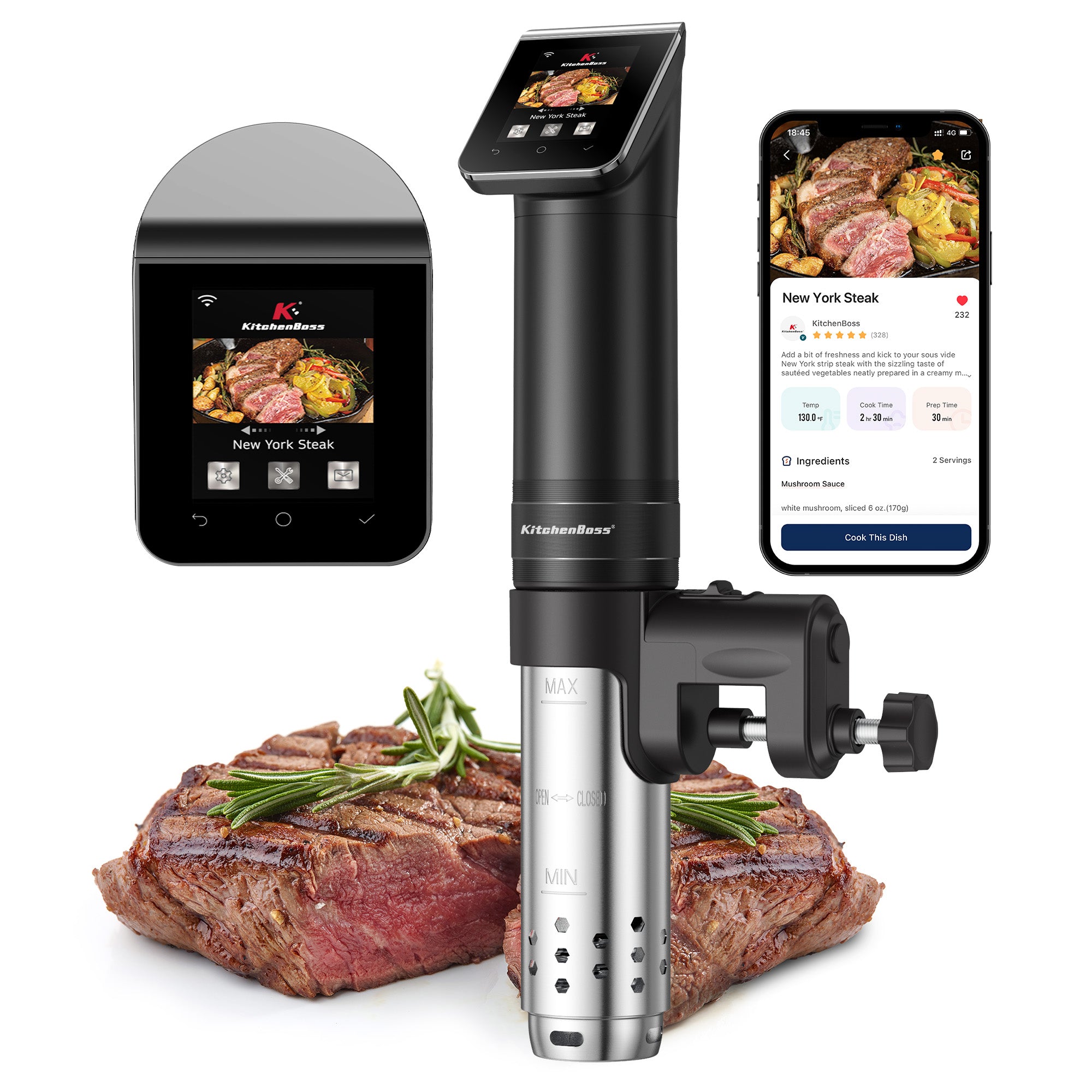 KitchenBoss WIFI Sous Vide Cooker G330: Ultra-Quiet Precision Sous-vide Cooking Machine 1100 Watts Stainless Steel Immersion Circulator for Kitchen with TFT Preset Recipes, Black